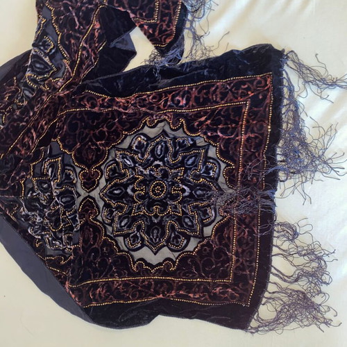 Vintage silk scarf with velvet and beads, like new, 150x50 cm