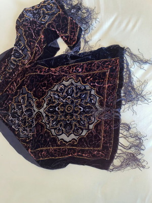 Vintage silk scarf with velvet and beads, like new, 150x50 cm