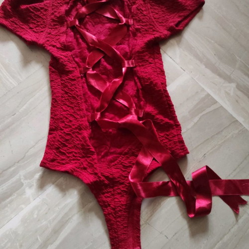Lace bodysuit blouse new, red with satin ribbon