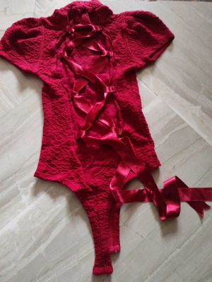 Lace bodysuit blouse new, red with satin ribbon