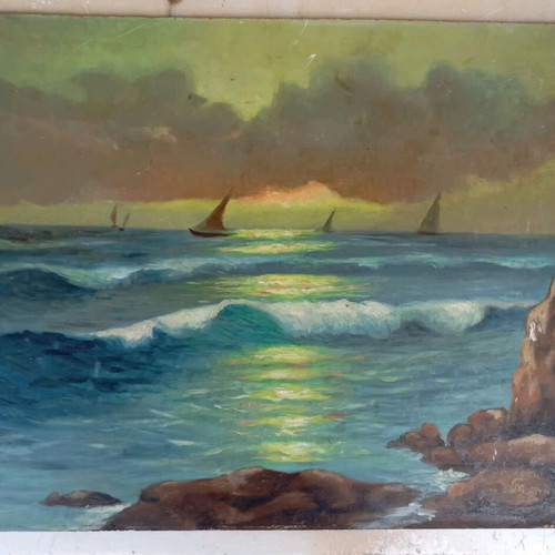 Two used artworks acrylic on hardboard, seascape and copy of Maria of Adelaide