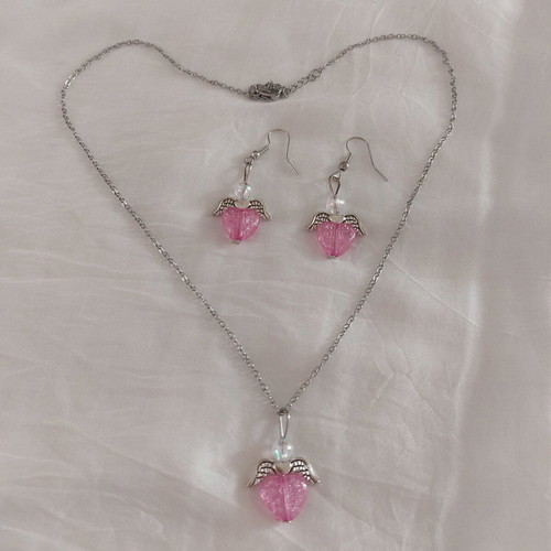 Pink Angel jewelry set with necklace and earrings, handmade
