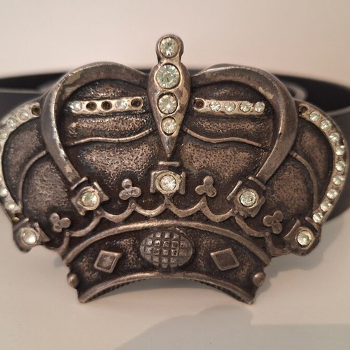 Vintage Genuine Leather Black Belt with Rhinestone Crown Buckle