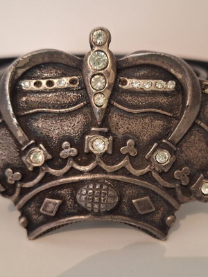 Vintage Genuine Leather Black Belt with Rhinestone Crown Buckle