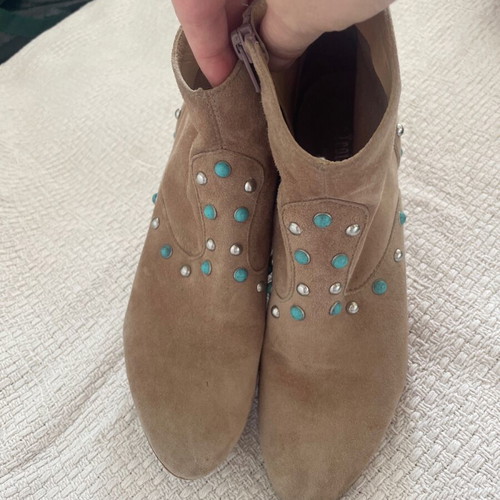 Les Trois Garcons handmade ankle boots 37 suede cigar color with silver and turquoise details