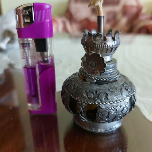 Oil lamp used, miniature with yellow glass and metal fittings