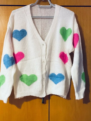 Acrylic white cardigan with colorful hearts brand new