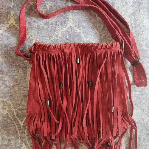Zara leather crossbody bag with red fringe tassels used