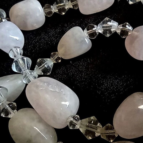 Vintage Handmade Necklace with Natural Rose Quartz and Faceted Crystals 59cm