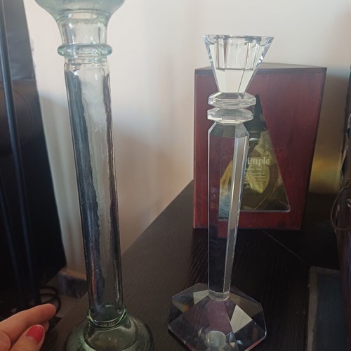 Vintage candlestick set crystal geometric 27cm & tall green glass