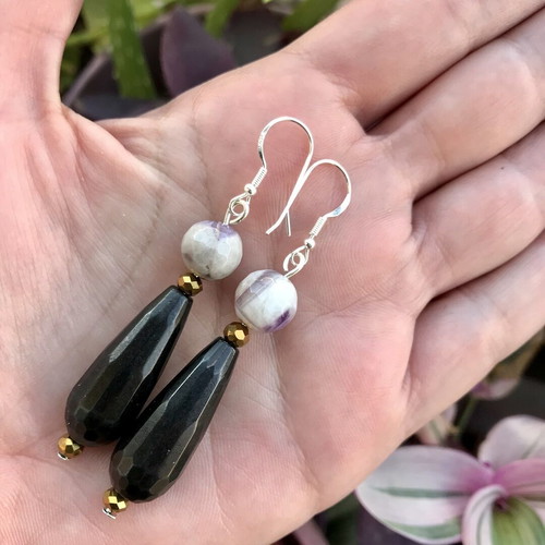 Earrings with jasper, amethyst and black nephrite, new, silver 925