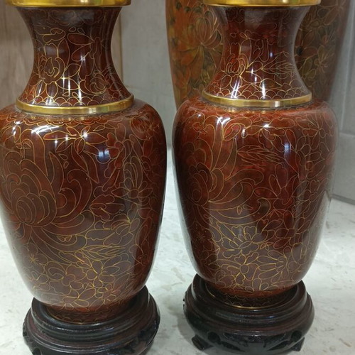 Vintage Cloisonné Vase Set with Carved Wooden Bases like new