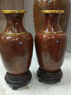 Vintage Cloisonné Vase Set with Carved Wooden Bases like new