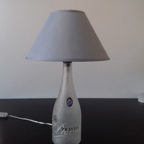 Handmade table lamp from Pravda Vodka bottle new with ciel shade