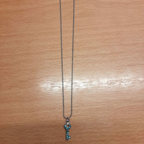 Key necklace new with chain and turquoise rhinestones