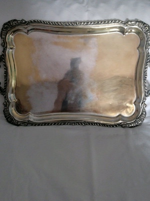 Silver-plated tray vintage, used, heavy with embossed handles