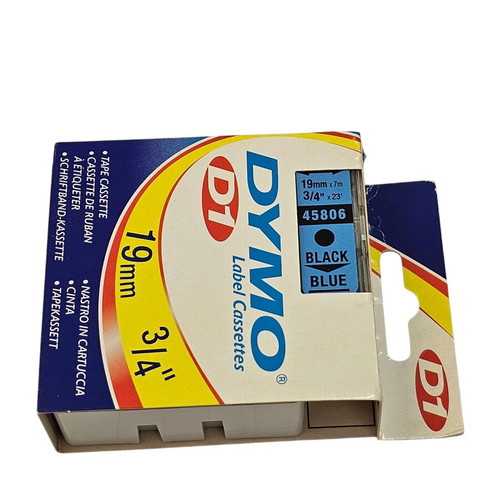 Label tape 19mm new, black print on blue background