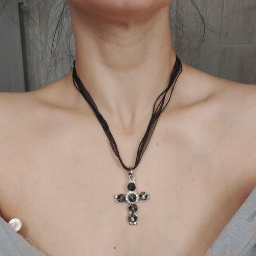 Women's necklace with large black stone cross and organza ribbon, like new