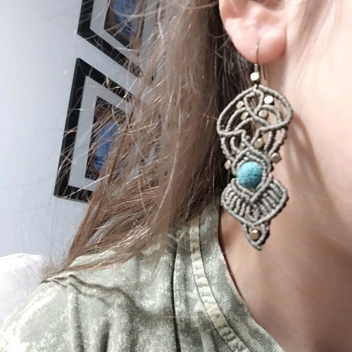 Handmade macrame earrings with turquoise volcanic stones like new