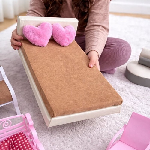 Large doll bed, leather, foam and velvet fabric, 33x21x11cm