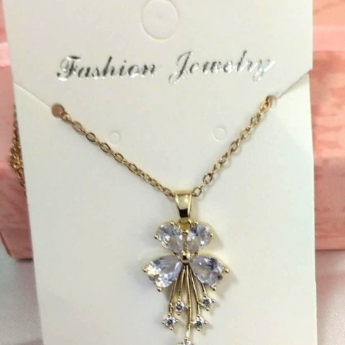 Flower stainless steel necklace golden with sparkling stones new