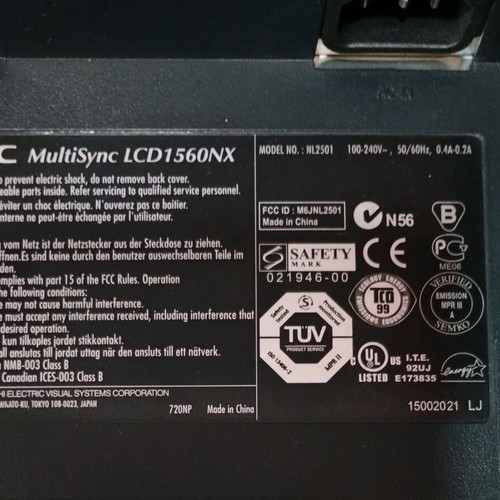 NEC MultiSync 1560NX 15-inch TFT LCD monitor used, without cables