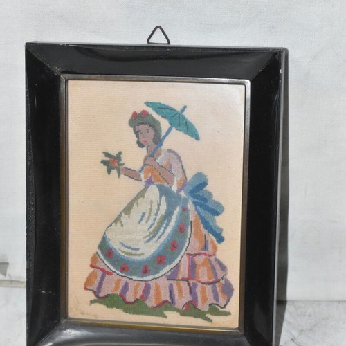Vintage Handmade Embroidered Picture with Female Figure and Umbrella 14x17.5 cm used