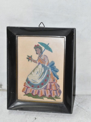 Vintage Handmade Embroidered Picture with Female Figure and Umbrella 14x17.5 cm used