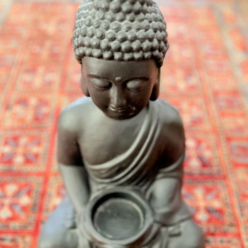 Buddha bust like new, gray-black, stone and resin candle holder
