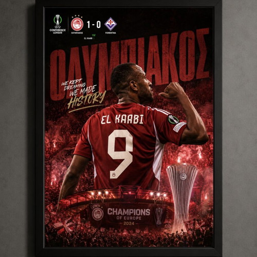 Olympiacos Conference League conquest framed poster new
