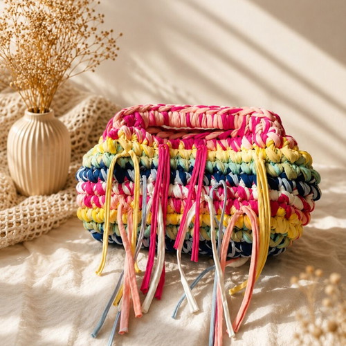 Handmade crochet handbag with tassels, multicolor