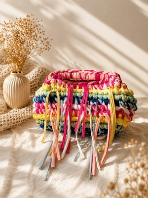 Handmade crochet handbag with tassels, multicolor
