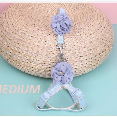 Dog harness and leash set blue with flower bloom new