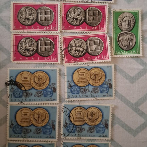 Greek Stamps Collection used, 14 pieces with ancient coins and historical themes