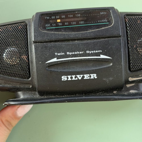 Vintage Silver Portable Radio used, 1990s boombox style
