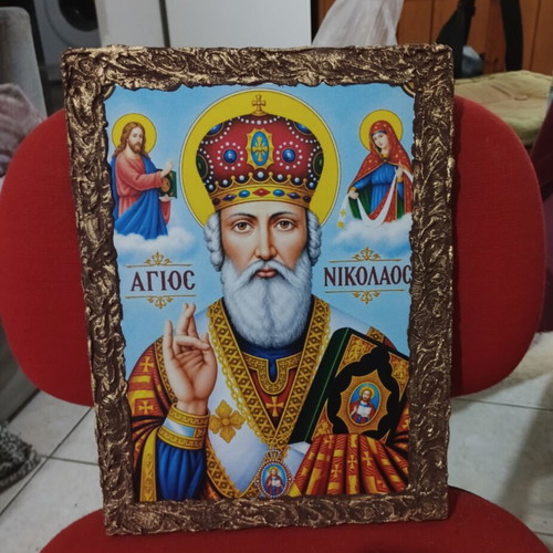 Εικόνα Αγίου Νικολάου με χειροποίητη ανάγλυφη κορνίζα 33x25 εκ.