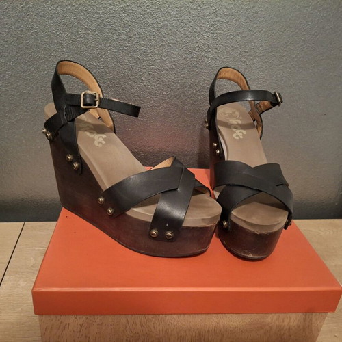 Flogg women's sandals with wooden platform used, black, size 38
