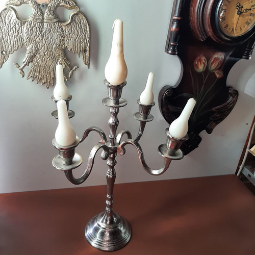 Vintage metal candlestick used, silver color, 40cm height