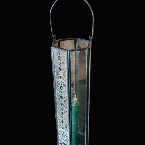 Lantern used, black with decoration on glass parts, opening design