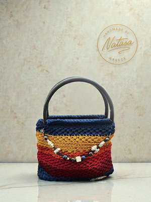 Handmade knitted handbag new, blue, mustard and red
