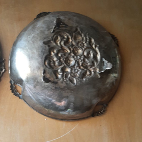 Large Silver Plated Fondue Trays carved, used, 1960s set of 2