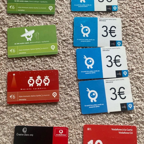 Phone recharge cards used, pack of 32 Telestet, Qcard, Cosmote, Vodafone CU