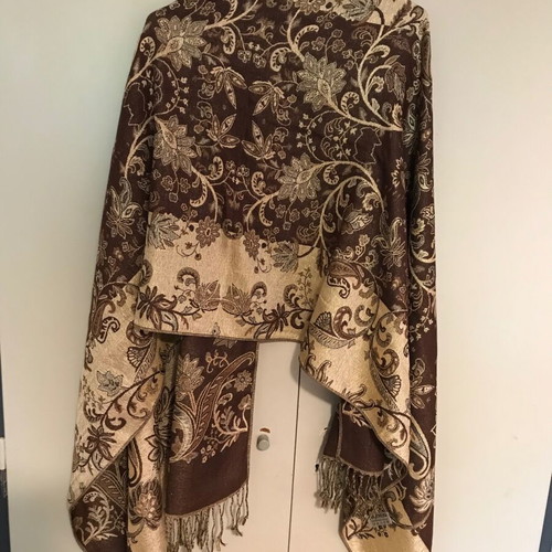 Pashmina scarf double-sided, new, gold and brown floral paisley design