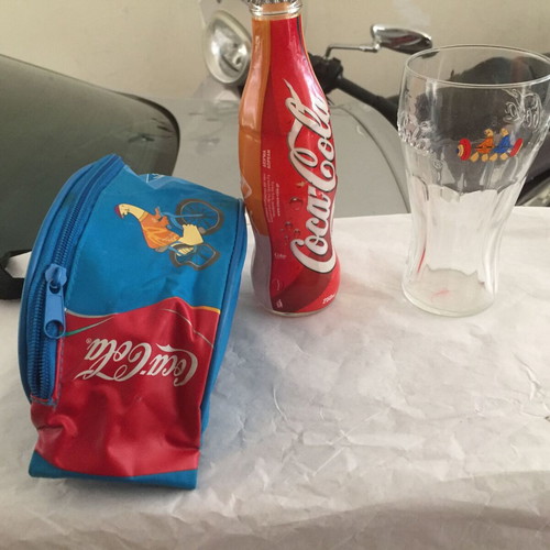 Athens 2004 memorabilia used, waist bag, bottle and glass
