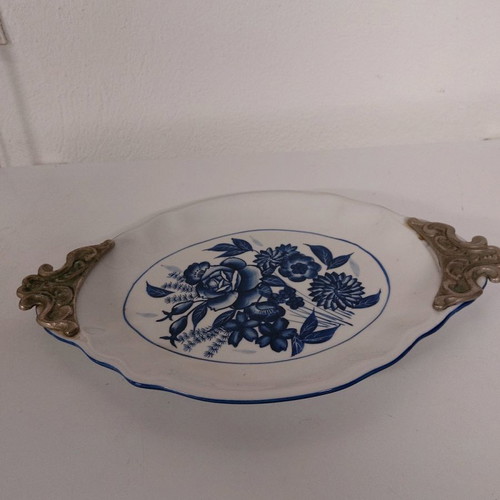 Large platter used 42×26 cm faience hand-painted with pewter handles