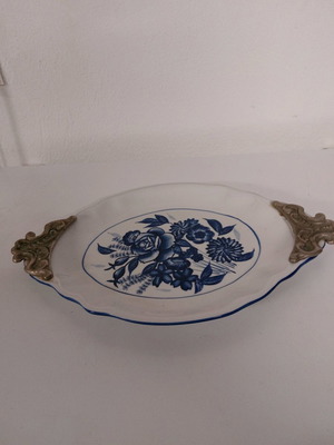 Large platter used 42×26 cm faience hand-painted with pewter handles