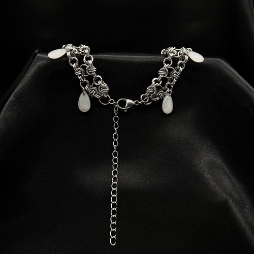 Choker necklace stainless steel with glass beads, new, silver color