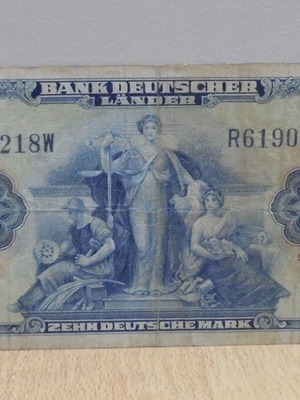 Τράπεζα της Γερμανίας παλιό χαρτονόμισμα 10 Mark μεταχειρισμένο, Αύγουστος 1949