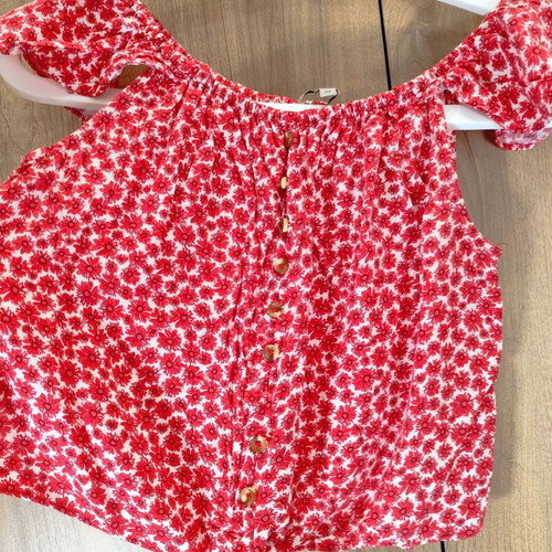 Clockhouse Off-The-Shoulder Floral Button-Front Tie-Hem Crop Top XS 34