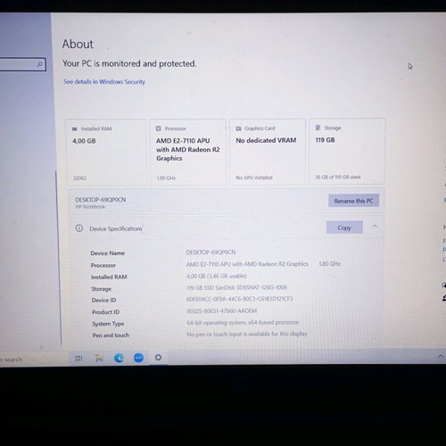 Hp laptop used, 15" screen, AMD E-Series, 4GB RAM, SSD